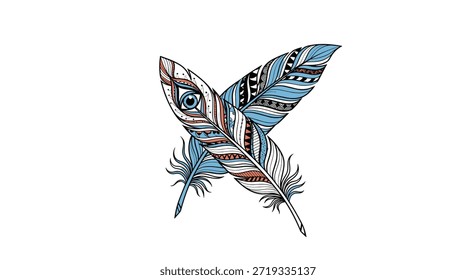 Plumas decorativas intrincadas con patrones tribales y un símbolo central del ojo en tonos de azul y naranja terracota.