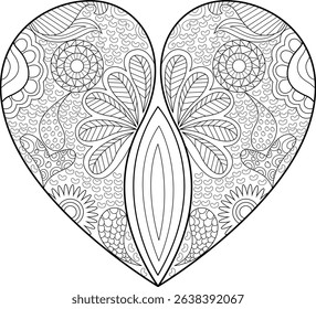 Intricate Decorative Heart for Coloring Book, A black and white illustration of a heart shape filled with intricate, decorative patterns, perfect for adult coloring books, relaxation, mindfulness,