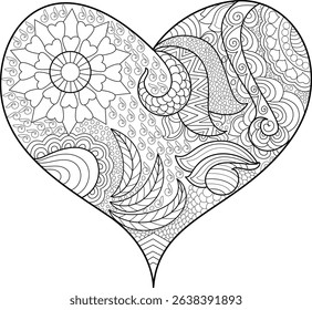 Intricate Decorative Heart Illustration for Coloring, A detailed black and white line illustration of a heart shape filled with various abstract, floral, and ornamental patterns. Perfect for adult