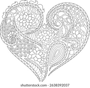 Intricate Decorative Heart Pattern, Black and white line art illustration of a heart shape filled with intricate, decorative patterns including floral elements, paisley shapes, swirls, and geometric