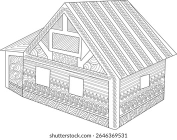Intricate Decorative House Line Art Illustration with Zentangle-Inspired Patterns, Ideal for Adult Coloring Books and Mindful Art Activities, Featuring Ornate Architectural Details