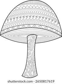 Ilustração decorativa intrincada de cogumelos para livros de colorir adultos e práticas de atenção. Detalhada Line Art com padrões Zen-Inspired para relaxamento e expressão criativa. Fungos Únicos Art.