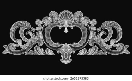 Intrincado ornamento decorativo em preto e branco apresenta padrões detalhados e formas. O design elaborado contrasta fortemente com o fundo escuro, enfatizando sua complexidade artística.