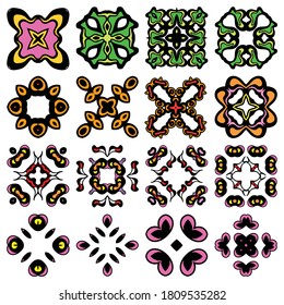 Intricate decorative vector set of flower elements and logos. Colourful floral decor. Bright symmetrical flowers and ornamental  elements isolated. Stylized Icons. 