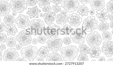 Intricate and dense seamless pattern of hand drawn black and white flowers in full bloom across the entire white background.