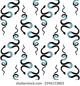 Intricate design featuring twisting snakes in vivid turquoise against a crisp white backdrop