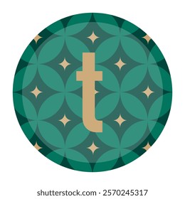 Intricate Design of Lowercase t in Gold with Vibrant Green Circular Star Pattern