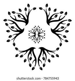 Intricate design made up of leaves and vines in flat black.  Transparent background in vector file.