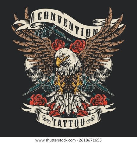 Intricate design portrays a majestic eagle with outstretched wings surrounded by skulls and roses. Tattoo guns are artistically incorporated symbolizing creativity and artistry.