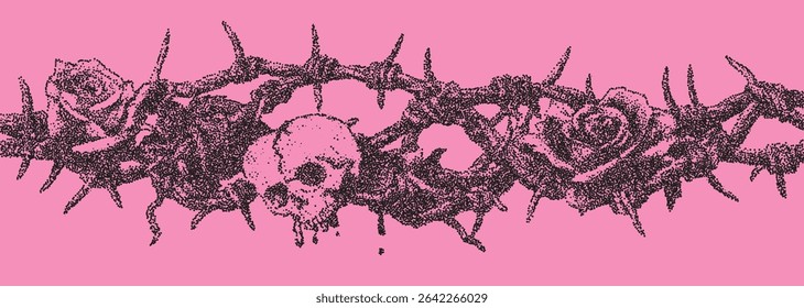 An intricate design showcases a skull surrounded by darkly beautiful roses, all entwined with sharp thorns against a lively pink backdrop, symbolizing a blend of beauty and danger.