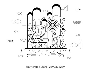 An intricate design showcases a submerged environment with stylized fish, skeletal forms, and bold geometric structures, creating a unique artistic underwater narrative.