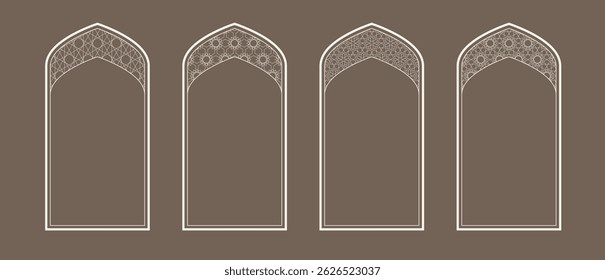 Intricate designs of Islamic windows display unique shapes and patterns. The craftsmanship highlights classical architecture with elegant details.