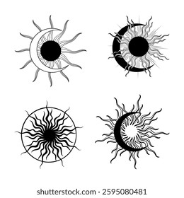 Intricate designs of sun and moon symbols in black and white artistic representation