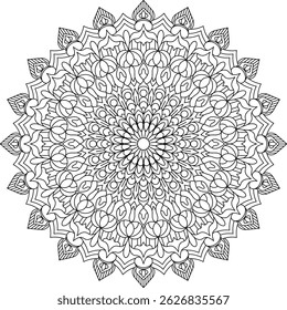Ilustração de mandala complexa e detalhada com formas orgânicas fluindo que irradiam do centro, ideal para atividades de coloração, práticas meditativas e aplicações decorativas elegantes