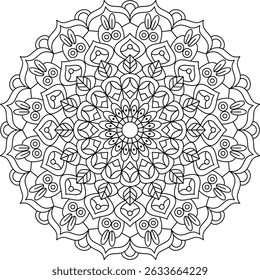An intricate, detailed mandala outline illustration, perfect for coloring pages, meditation, relaxation, or as a decorative element. Features symmetrical patterns with floral and geometric motifs
