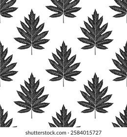 Intricate, detailed oak leaf silhouettes in a repeating pattern against a white backdrop. Perfect for textile prints or botanical designs.