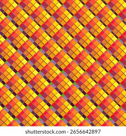 Um intrincado padrão diagonal quadriculado em uma paleta quente de laranja, amarelo e vermelho. Resumo.