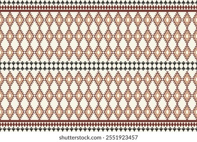 Intricate diamond motifs in earthy tones, accented with symmetrical details and traditional geometric elements, create a balanced and elegant textile pattern