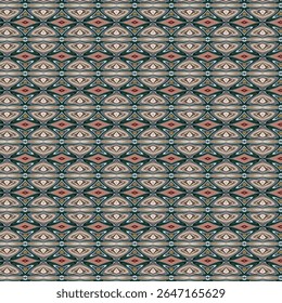 Losango intrincado e triângulo padrão sem costura em verde terra, coral e tons bege. Inspirado por desenhos têxteis tribais e étnicos para fundos elegantes e decoração.