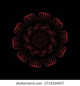 Ein komplexes digitales Kunstwerk, das ein symmetrisches Design zeigt, das einer fraktalen Blume oder Mandala ähnelt. Das Muster strahlt von der Mitte aus und besteht aus mehreren Schichten dünner, leuchtend roter Linien auf einfarbigem schwarzem Hintergrund. Jede konzentrische Ebene verfügt über sich wiederholende geometrische Formen, die ein Gefühl der Tiefe und Komplexität erzeugen. Der starke Kontrast zwischen den leuchtend roten Linien und dem tiefschwarzen Hintergrund schafft eine faszinierende und moderne Ästhetik, die an fortschrittliche digitale oder algorithmische Kunst erinnert.