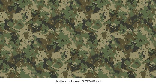 Padrão de camuflagem digital intrincado em verdes, marrons e taninos da terra.  Perfeito para projetos temáticos militares, de caça ou ao ar livre.