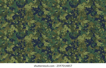 Intricate digital camouflage pattern in shades of green and dark blue. Ideal for backgrounds, textiles, militarythemed projects, or adding a tactical feel to designs.
