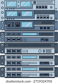 Uma intrincada ilustração digital de uma pilha de servidores de computador com vários componentes de hardware, telas azuis e várias portas e botões, colocados contra um fundo branco