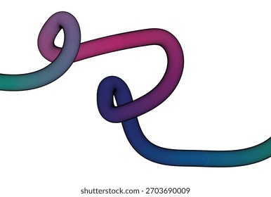 Ein kompliziertes digitales Rendering von schlauchförmigen Formen mit sanftem Verdrillen und Schleifen, die einen lebendigen Farbverlauf-Farbübergang von Grün zu Blau nach Violett aufweisen, einzeln auf Weiß.