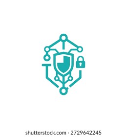 Logotipo de segurança digital intrincado com um escudo central rodeado por linhas de circuito ligadas e um cadeado que simboliza uma robusta ciberdefesa e proteção de dados