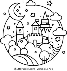 Intricate Doodle Dreamscape Coloring Page with Whimsical Abstract Patterns for Adults and Kids Printable Line Art Vector Illustration