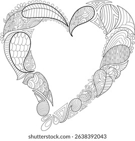 Intricate Doodle Heart Outline for Coloring, Black and white outline drawing of a heart shape filled with intricate abstract patterns, ideal for adult coloring books or decorative design.