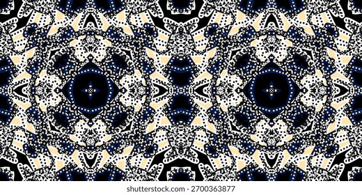 Intricate Dotwork Bohemian Seamless Repeating Pattern

. Luxurious Ornate Kaleidoscope Texture in Navy, White, and Beige

. abstract Ethnic and Tribal Symmetrical Geometric Backdrop
