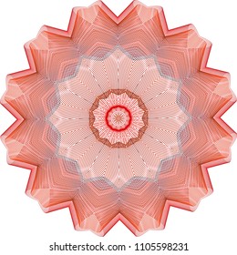 Intricate double folded guilloche rosette with gradient reds edged in blue and undulating moire effect.