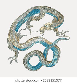 Intricate dragon illustration with blue accents. The dragon's scales and claws, creating a dynamic, mythical creature design. Dragon art with blue highlights. Vintage Japanese illustration vector.