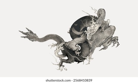 Intricate dragon illustration with detailed scales and fierce expression. The dragon, a mythical creature, is depicted in a dynamic pose, showcasing its power and elegance. Vintage art vector.