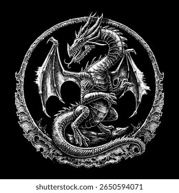 Intricate Dragon Illustration within a Decorative Circle