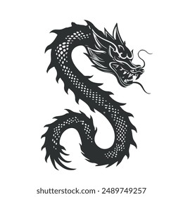 Intricate dragon tattoo design. Traditional Asian mythical creature vector illustration doodle sketch silhouette tattoo. Doodle fantasy oriental monster asian character logo