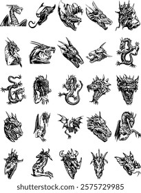 Intricate Dragon Vector Art Collection: Mythical Beasts and Fierce Designs