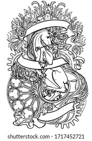 Intricate drawing of hte legendary Unicorn on a decorative flames and plants ornament with a motivation motto. Black line drawing isolated on white background. Vintage logo. EPS10 vector illustration