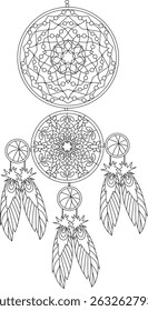 Intricate Dreamcatcher Line Art Illustration, Detailed black and white line drawing of a dreamcatcher with ornate patterns, feathers, and beads, perfect as a graphic element, coloring page, or for