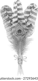 Uma intrincada ilustração duotônica de uma pluma de penas de pássaro padronizada. Este desenho detalhado representa o detalhe artístico, a complexidade da natureza e o estilo elegante. Perfeito para a publicação de logotipos da casa, impressões de vestuário de alta moda e desenhos de papel de parede artísticos. Os pontos de meio-tom capturam as marcações únicas e a textura complexa da pluma realisticamente. Gráfico vetorial escalável para uso profissional sofisticado e artístico.