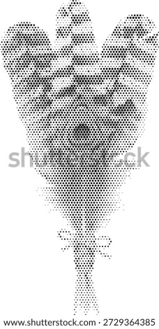 An intricate duotone illustration of a patterned bird feather plume. This detailed design represents artistic detail, nature's complexity, and elegant style. Perfect for publishing house logos, high-fashion apparel prints, and artistic wallpaper designs. The halftone dots capture the unique markings and complex texture of the plume realistically. Scalable vector graphic for sophisticated and artistic professional use.