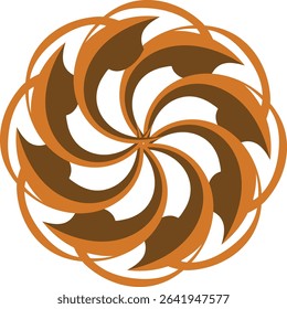 An intricate and dynamic abstract symmetrical circular design featuring interlocking orange and brown curved shapes with gradient shading