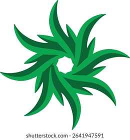 An intricate and dynamic abstract symmetrical circular design featuring interlocking green leaf-like shapes with gradient shading, 