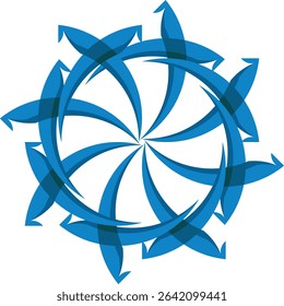 An intricate and dynamic abstract symmetrical circular design featuring interlocking blue arrow or ribbon-like shapes with gradient shading, creating a swirling wheel pattern, 