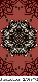 Intricate earthy mandala pattern with boho floral details. Ideal for yoga mats, tapestries, textile panels, wallpapers, and spiritual-themed designs in warm red and olive tones.