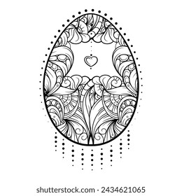 Intrincada página para colorear de huevo de Pascua antiestrés. Gráfico vectorial en blanco y negro.