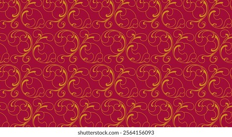 Intricate and elegant pattern of swirling vines and floral designs on a rich red background. The sophisticated interplay of gold and red creates a luxurious aesthetic.