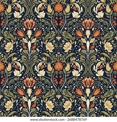 An intricate and elegant seamless pattern in the Art Nouveau style. Symmetrical foliage, flowers, and birds in muted earthy tones create a sophisticated and artistic damask design.