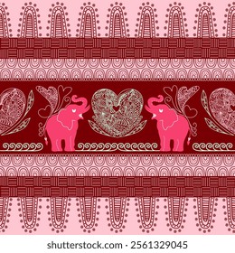 Intricate Elephant and Heart Pattern with Traditional Motifs in Pink and Red, Featuring Detailed Floral and Paisley Designs, Symmetrical and Ornamental, Perfect for Textiles, Wallpapers, Decorative